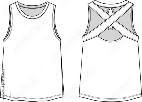  Flat sketch of women’s tank top, front and back view, cross back straps, sleeveless activewear design, technical fashion drawing, template

flat vector illustration