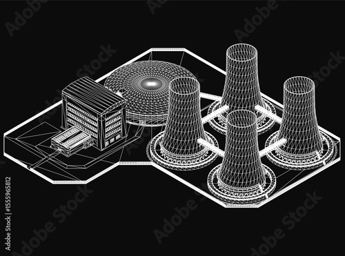 A 3D model of a nuclear power plant with a black background, featuring a central building and multiple cooling towers. The detailed rendering highlights industrial infrastructure and energy.