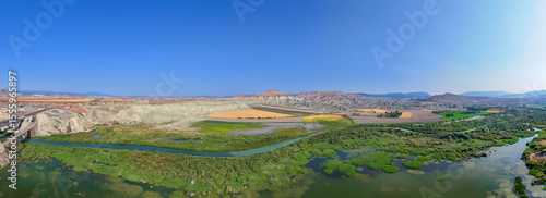 Nallihan Bird Sanctuary Ankara Beypazari Turkey Panoramic view of a river valley, showcasing diverse landscapes. An expansive, panoramic shot of a river valley. Nallıhan Kus Cenneti Turkiye 