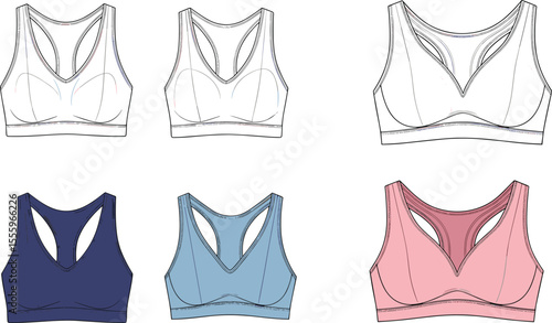 Sports bra technical sketch, racerback activewear design, front and back view, multi-color variations, fitness fashion illustration, apparel design template

 flat vector illustration