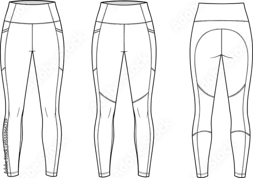 High waist activewear leggings technical flat, workout pants front side back view, fashion sketch, fitness tights template, gymwear illustration

 flat vector illustration