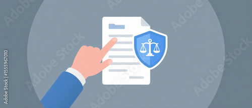 Hand pointing at document with legal scales shield icon finger