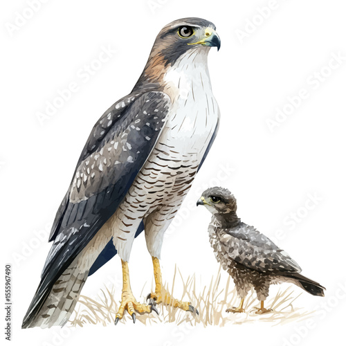 A Mother Goshawk With Her Kid, watercolor vector, isolated on a white background.