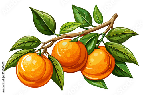 vector of Fresh ripe oranges with green leaves on a branch isolated on transparent background...