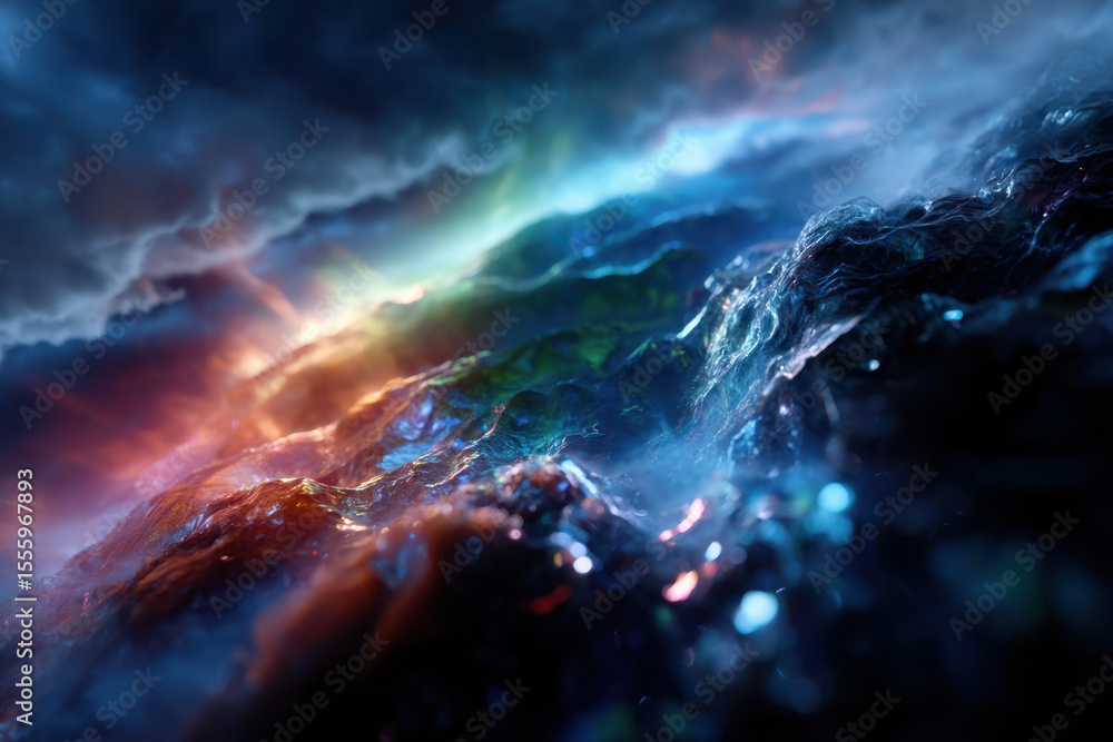 Colorful cosmic landscape with glowing waves and ethereal clouds at night Colorful cosmic landscape with glowing waves and ethereal clouds at night
