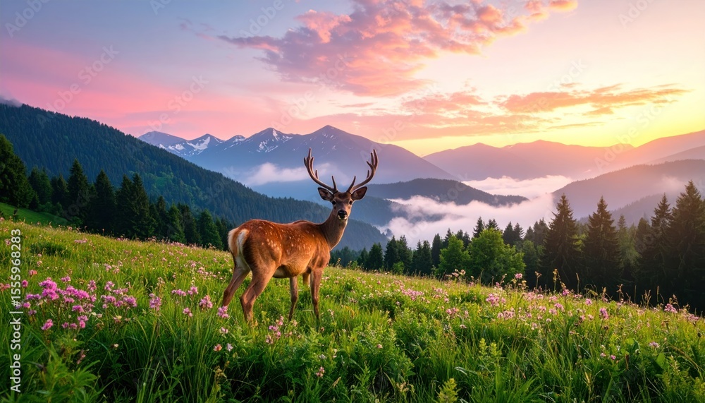 Fototapeta premium Majestic Deer Stands in Flower Meadow Amidst Misty Mountains at Dawn