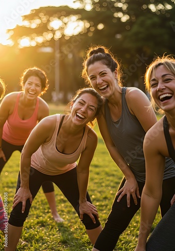 Happy group of diverse friends in athletic wear laughing together during an outdoor fitness class in a park at sunset.