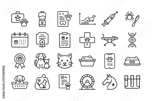 Veterinary Clinic and Pet Care Services Outline Icon Set