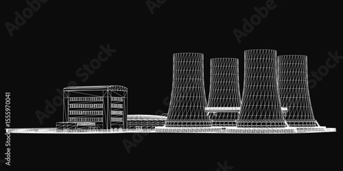 A black and white drawing of a nuclear power plant with tall, distinct towers arranged symmetrically against a dark background. The central tower is the tallest, flanked by smaller structures