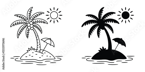 A minimalist black and white illustration of two tropical island