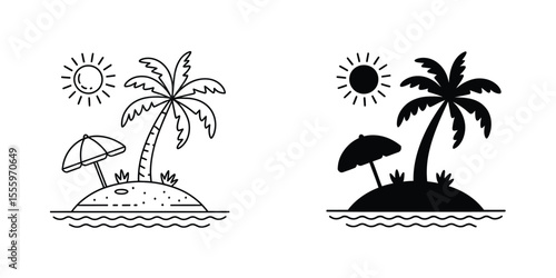 A minimalist black and white illustration of two tropical island