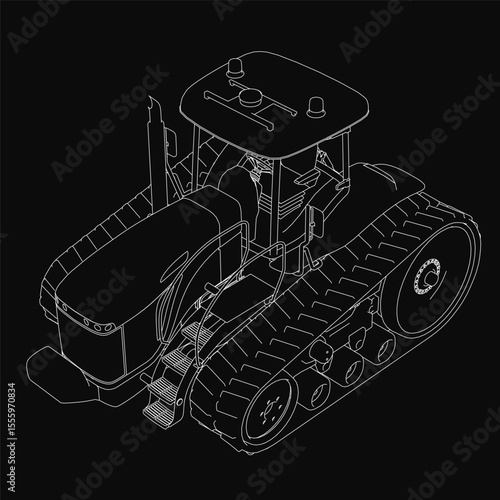 A detailed black and white drawing of a tractor with large wheels and a prominent cab, set against a stark black background for high contrast. The intricate linework highlights the mechanical.