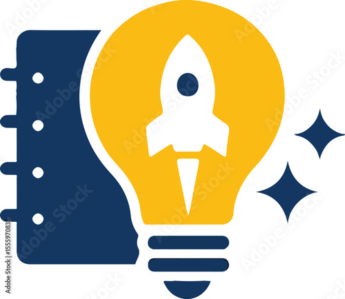Fusion of Creativity and Innovation, A white rocket inside a glowing yellow bulb, paired with a blue notebook and stars, symbolizing creative ideas, planning, and ambitious dreams
