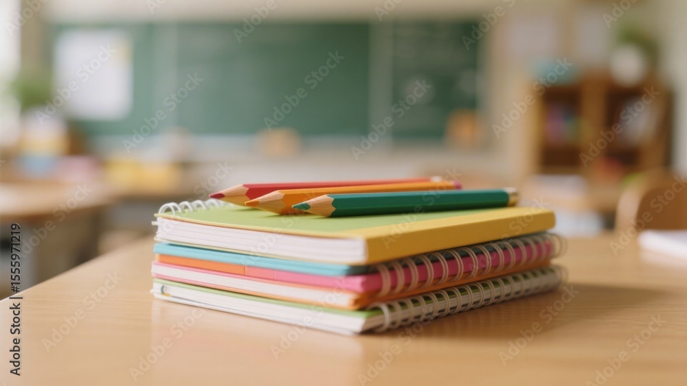 Close-up shot of stack of colorful spiral notebooks with pencils on the wooden table in classroom against blurred background of green chalkboard and school interior with desks and chairs Close-up shot of stack of colorful spiral notebooks with pencils on the wooden table in classroom against blurred background of green chalkboard and school interior with desks and chairs