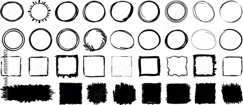 Hand drawn circle and square frame set in ink brush style. abstract rough border elements for graphic design, highlighting, decoration, or vintage illustration with a creative, artistic touch