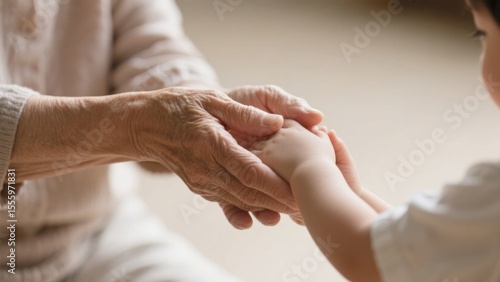Close-up of an elderly woman's wrinkled hands gently holding a small child's hand, symbolizing love, family, and intergenerational connection, with a soft, warm color palette.