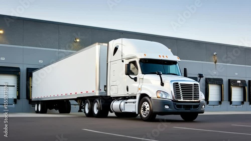 A freight truck backs into a loading dock at a warehouse for unloading cargo. The clear sky reflects the busy logistics and distribution activity in the urban area