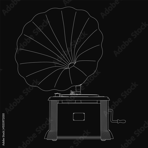 An old gramophone stands out against a solid black background, rendered in striking black and white. The intricate details of the turntable, horn, and vintage mechanism are sharply defined.