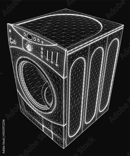 3D wireframe model of a washing machine on a sleek black background, showcasing realistic details and modern design. The transparent mesh structure highlights internal components and mechanical.