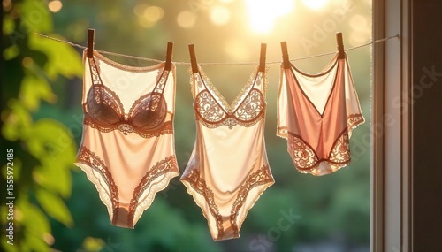 Sunlit Lace Lingerie Drying Peaceful Washday Scene of Delicate Garments Hanging Gently, Showcasing Intricate Detail and Clean Freshness