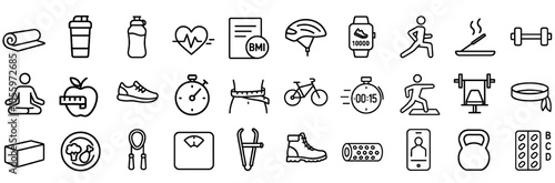 Fitness and Wellness Outline Icon Set – Featuring Exercise, Nutrition, Equipment, and Health Essentials in editable Stroke.