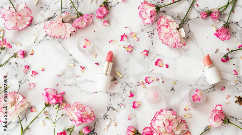 lipstick and flowers on white marble top lipstick and flowers on white marble top