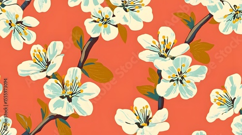 Wallpaper Mural Vibrant Coral Background with Blooming Cherry Blossoms Torontodigital.ca