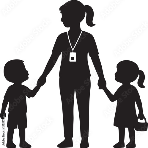 Adult holding hands with two children in a simple silhouette style