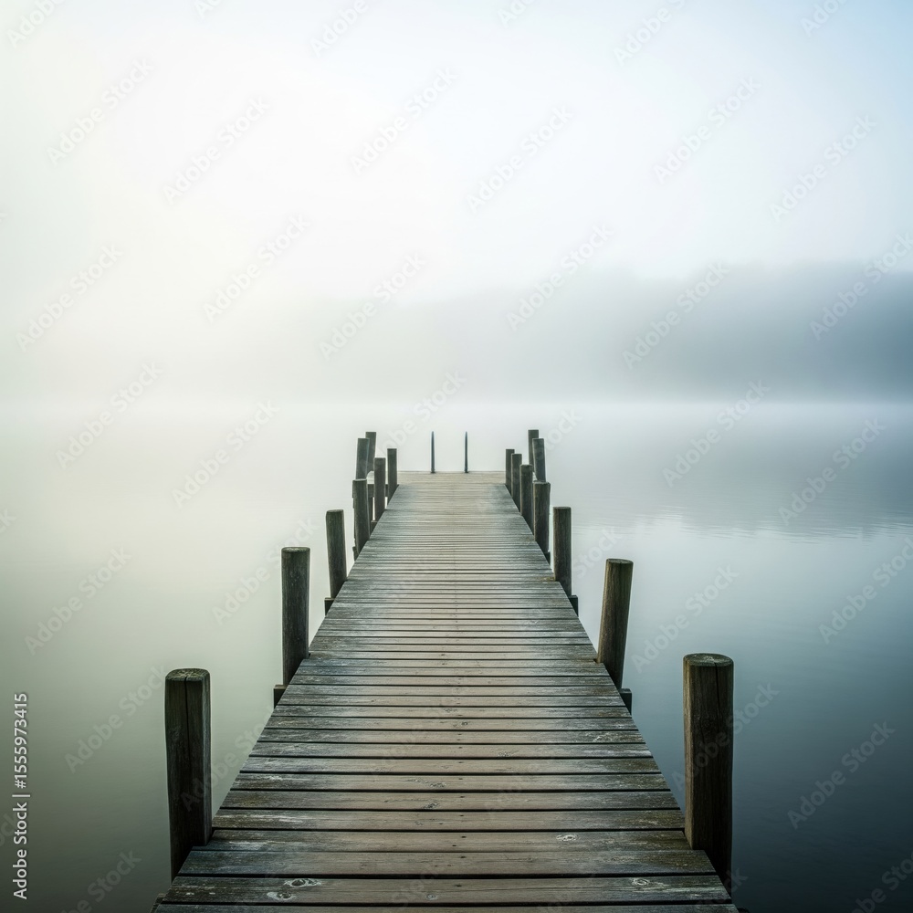 Misty morning on the lake: Wooden pier disappearing into the fog, creating a peaceful and serene atmosphere, perfect for meditation or relaxation videos Misty morning on the lake: Wooden pier disappearing into the fog, creating a peaceful and serene atmosphere, perfect for meditation or relaxation videos