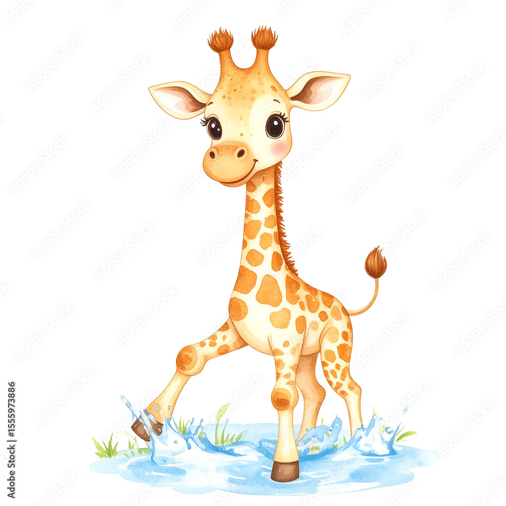 Fototapeta premium Joyful giraffe in water: A charming illustration of a giraffe playfully splashing in water, creating a scene full of innocence and fun.