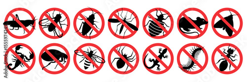 Pest control. Insects icon set. Insect repellent label product. Isolated forbidding and warning signs of harmful insects and rodents. Vector illustration