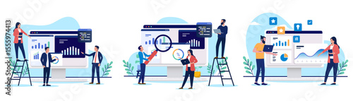 Collection of illustrations showing people engaging with business charts and data, representing analysis, collaboration, and digital marketing insights. Flat design vector illustration