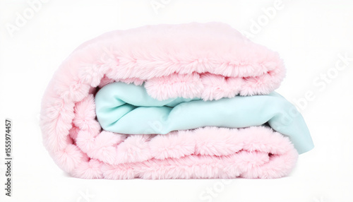 Soft pink and blue fluffy blankets stacked neatly on white background  