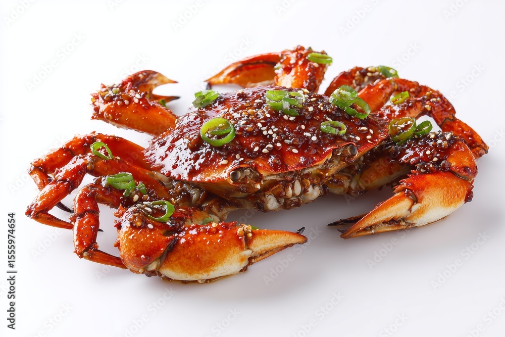 De-shelled peppered crab dish showcases vibrant flavors and textures on a clean white background with decorative green onion De-shelled peppered crab dish showcases vibrant flavors and textures on a clean white background with decorative green onion