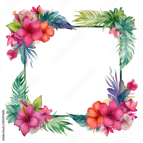 Watercolor tropical floral frame with hibiscus and jungle leaves. Colorful square botanical border for wedding, invitation,  card, summer greeting decorative design and exotic art projects..