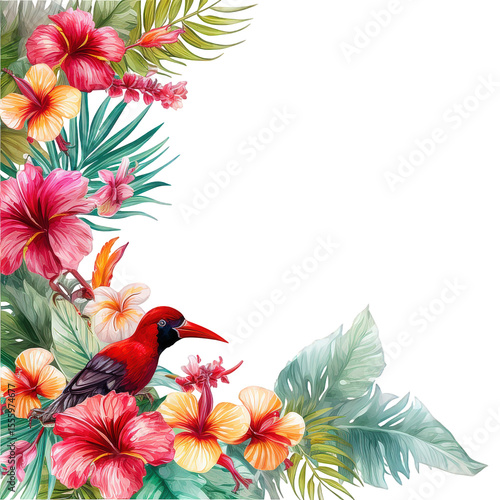 Watercolor tropical floral frame with hibiscus, birds and jungle leaves. Colorful square botanical border for wedding, invitation,  card, summer greeting decorative design and exotic art projects..