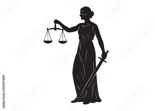 justice scales lady logo silhouette vector, lady justice logo icon silhouette, woman holding scales of justice silhouette lady lawyer logo design vector illustration silhouette on a white background