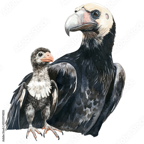 A Mother Condor With Her Kid, watercolor clipart vector, isolated on a white background.
