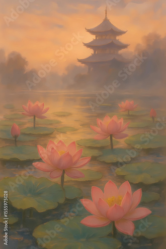 Lotus Flowers and Pagoda at Sunset