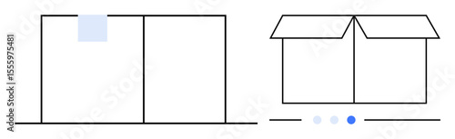 Open box with simple lines next to a warehouse structure. Ideal for logistics, shipping, packaging, inventory, delivery, storage, warehouse management, and simple landing page