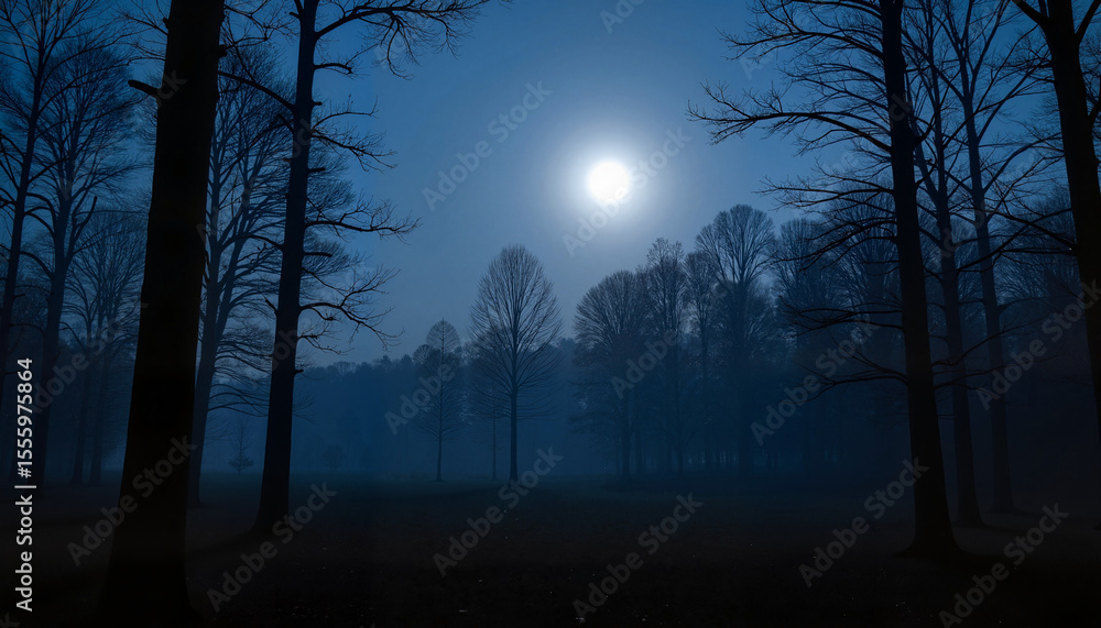 Fototapeta premium Foggy forest under full moonlight at night in blue tones 