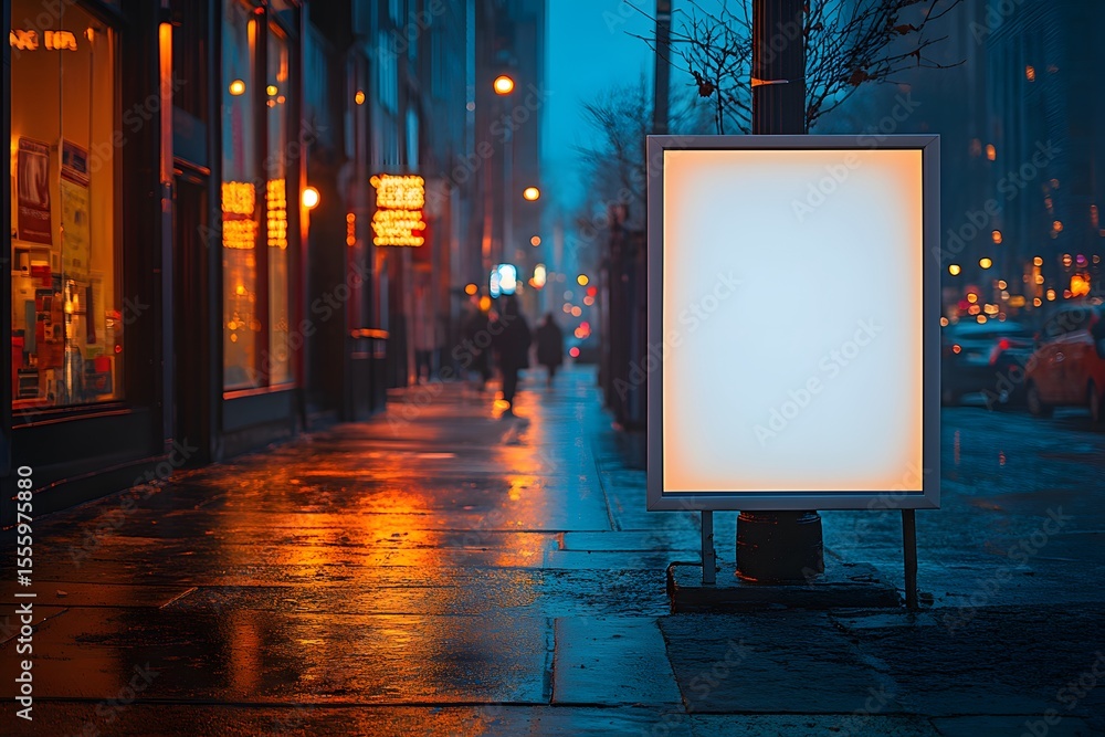 Illuminated Billboard on a Wet City Street at Night with Pedestr Illuminated Billboard on a Wet City Street at Night with Pedestr