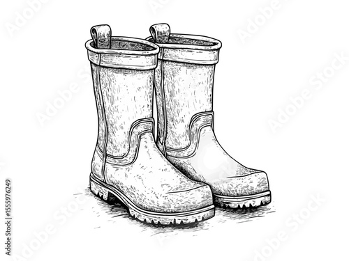 Vintage spring rain boots engraving, retro seasonal footwear, black line sketch, old engraving style, trendy weather accessory, seasonal decor motif, classic outdoor boots design