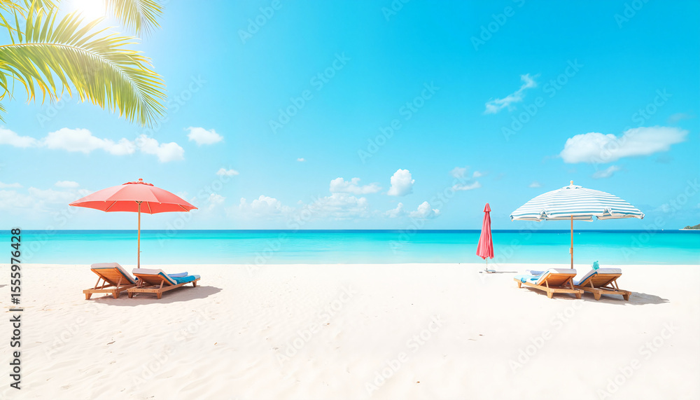 Fototapeta premium Tropical beach with umbrellas and sun loungers under blue sky 