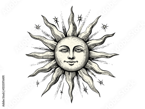 Antique engraving of sun with summer rays, vintage hand-drawn sketch art, old style seasonal illustration, retro summer design, trendy black sketch, classic wall decoration print