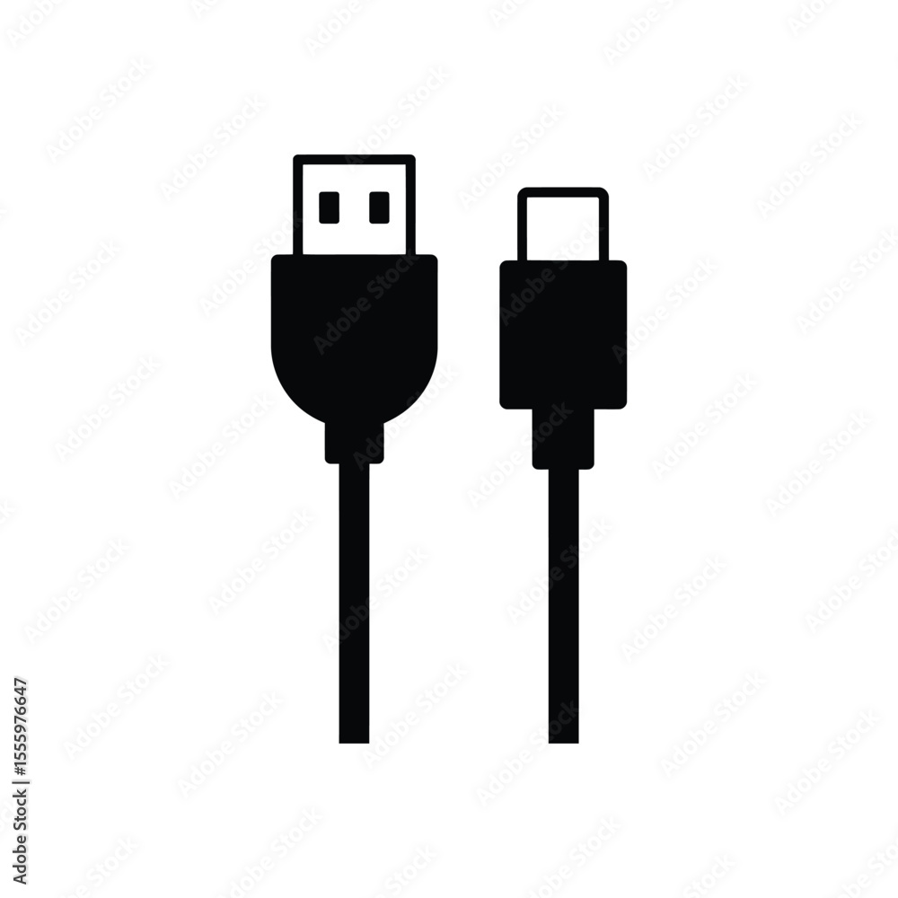 A minimalist black and white Silhouette illustration of a USB cable connection A minimalist black and white Silhouette illustration of a USB cable connection