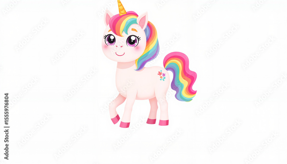 Fototapeta premium Cute cartoon unicorn with colorful mane and smiling expression 