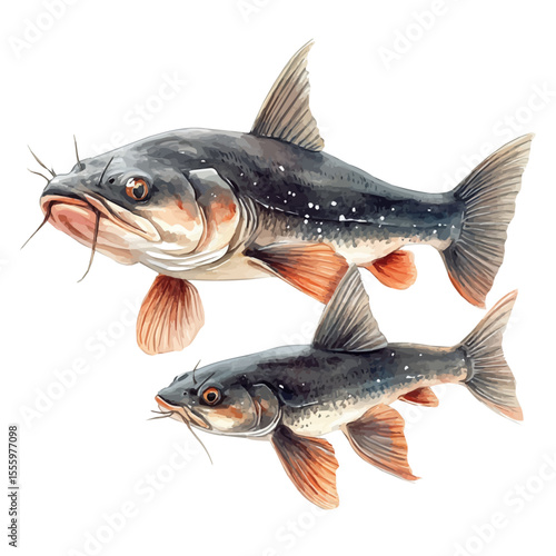 watercolor of A Mother Catfish With Her Kid, vector, isolated on a white background.