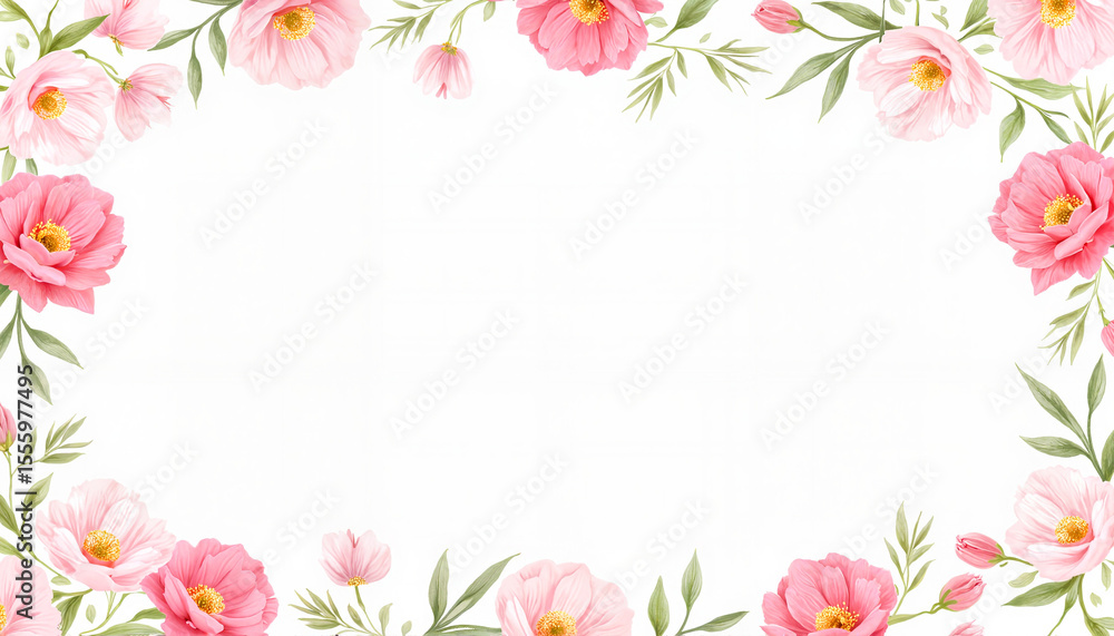 Floral frame with pink peonies and green leaves on white background Floral frame with pink peonies and green leaves on white background