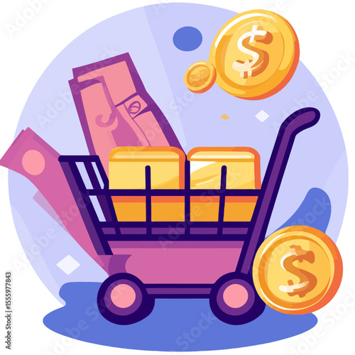 A shopping cart with a dollar sign icon symbolizes an e-commerce buy button or a business retail sale concept